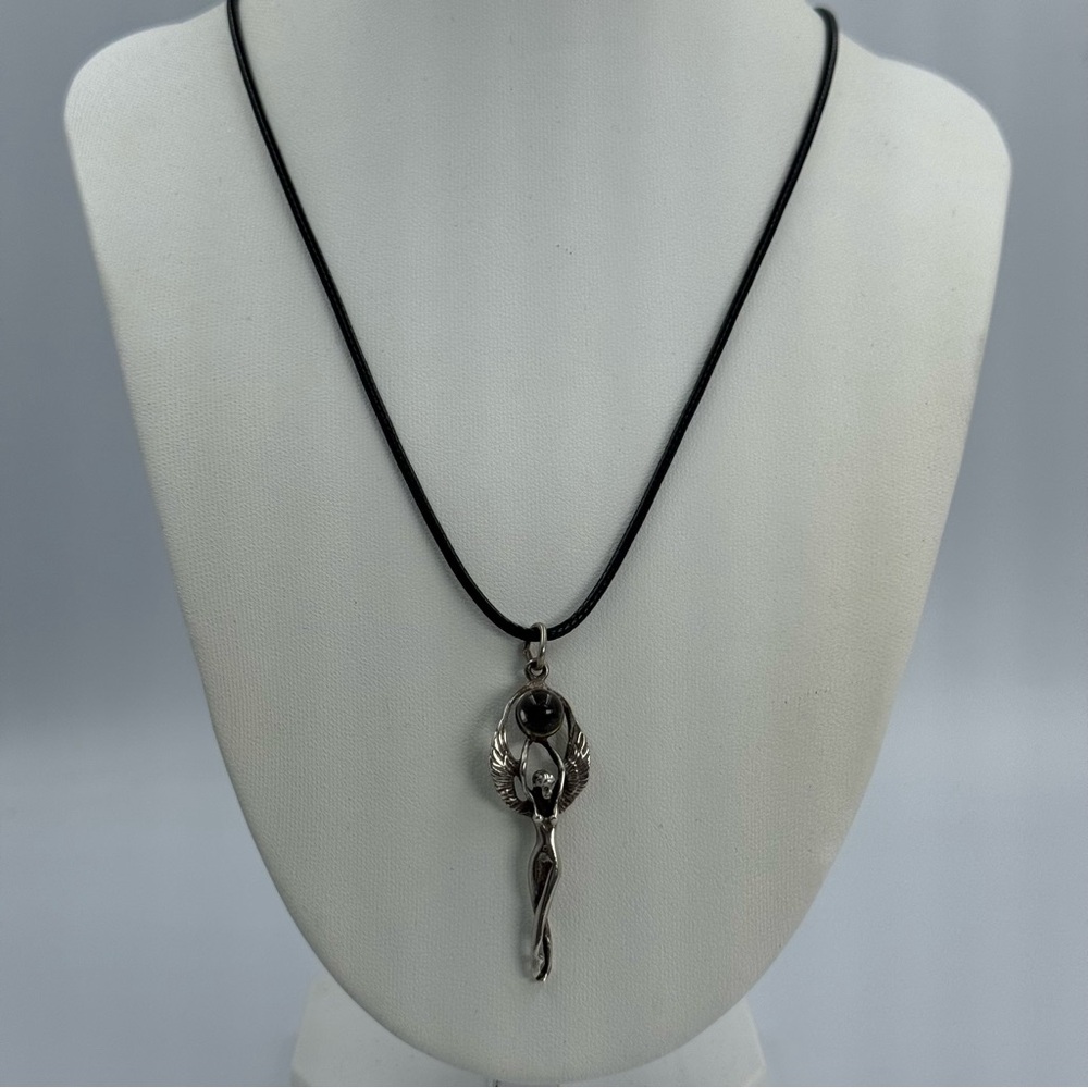 Sterling Silver 925 Winged Goddess with Glass Orb Pendant Fairy Angel